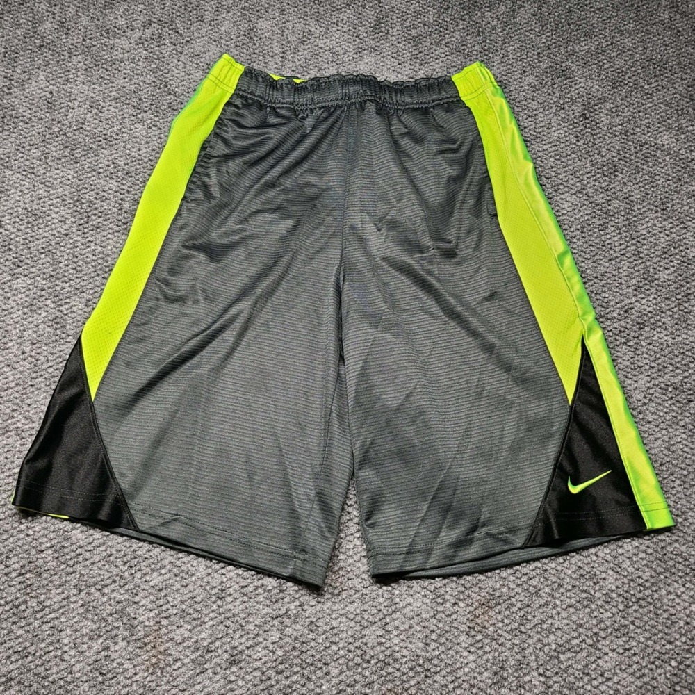 Nike Kids Grey Neon Yellow Athletic Basketball Shorts Side Pockets Drawstring